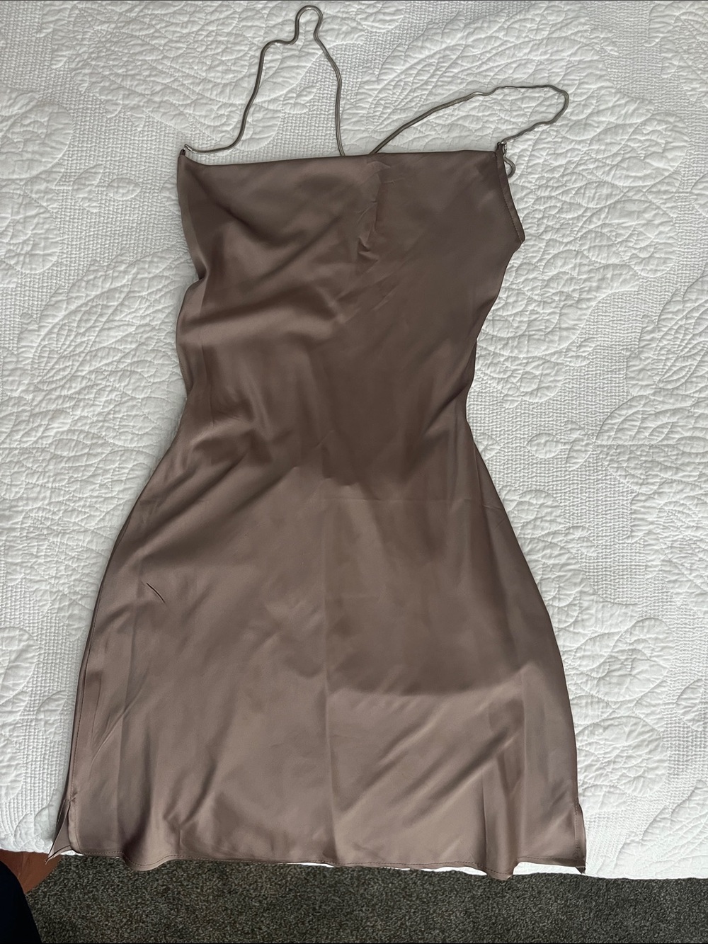 Sleek Taupe Satin Slip Mini Dress with Spaghetti Straps